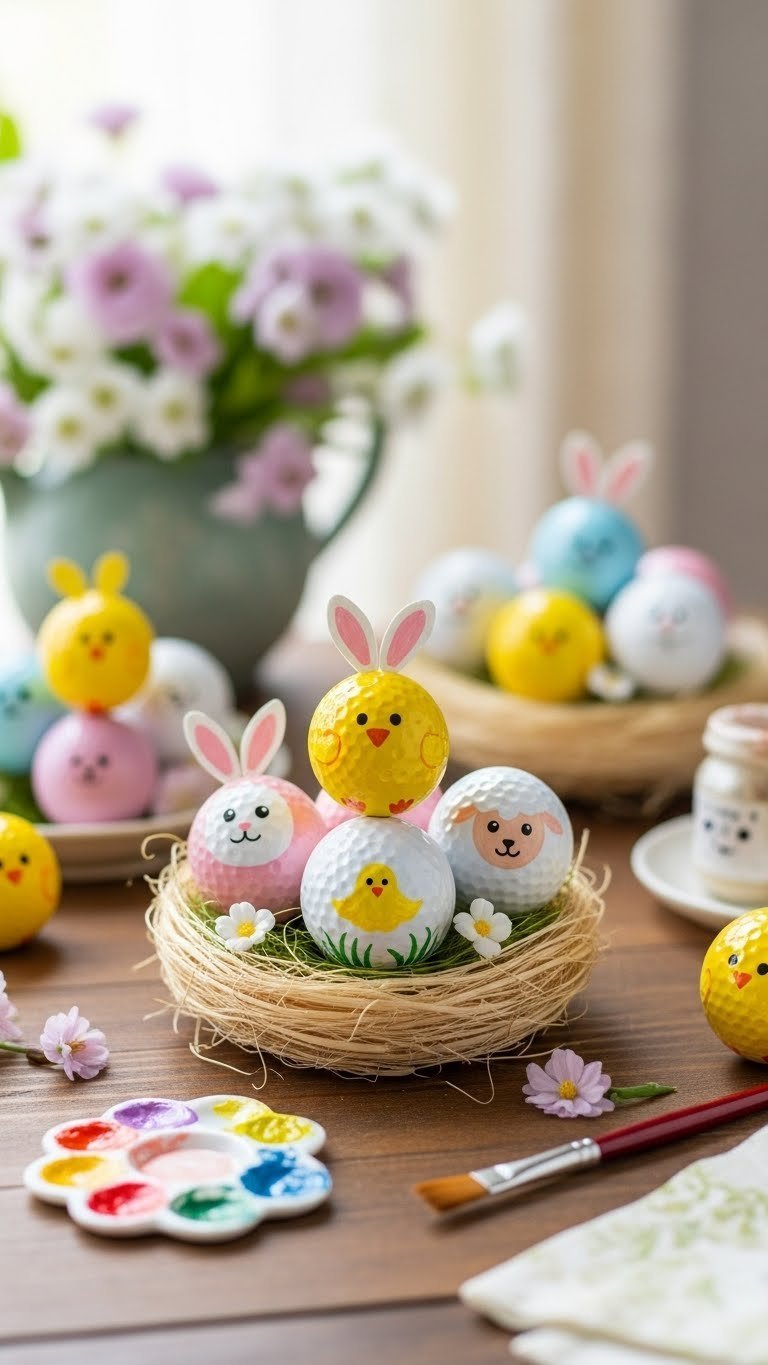Assortment Of Golf Balls Hand-Painted As Easter Characters Like Bunnies And Chicks Arranged In Faux Straw Nest On Rustic Table