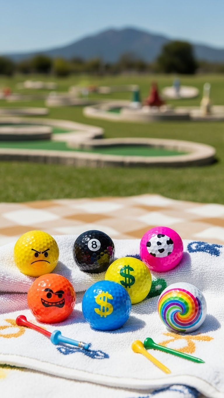 Assortment Of Six Brightly Colored Novelty Golf Balls With Humorous Designs Scattered On Patterned Towel