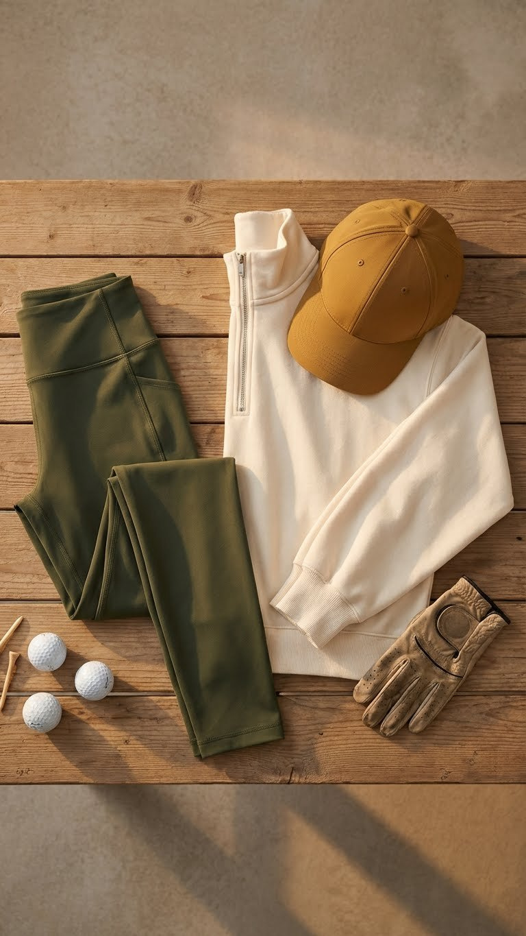 Golfing Outfits For Women Baddie: 9 Stunning Looks Athleisure Golf Outfit Flat Lay: High-Waisted Leggings, Cropped Half-Zip Pullover, Modern Cap, Golf Balls, Leather Glove.