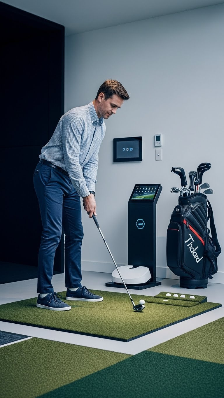 Automated Smart Home Golf Bay With Advanced Technology Integration, Touch Panels, And Robotic Ball Retrieval System