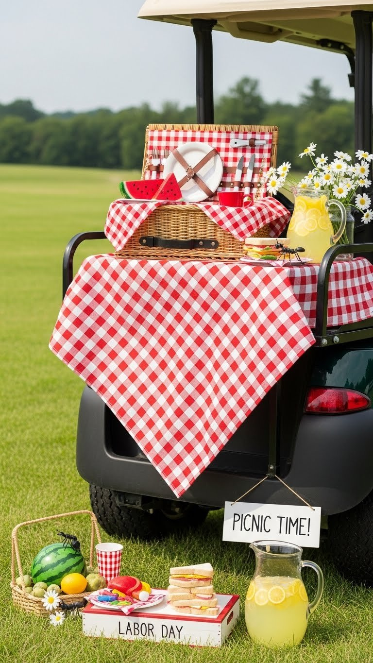 Back Of Golf Cart Featuring Red Checkered Picnic Setup With Food Props For Labor Day Celebration