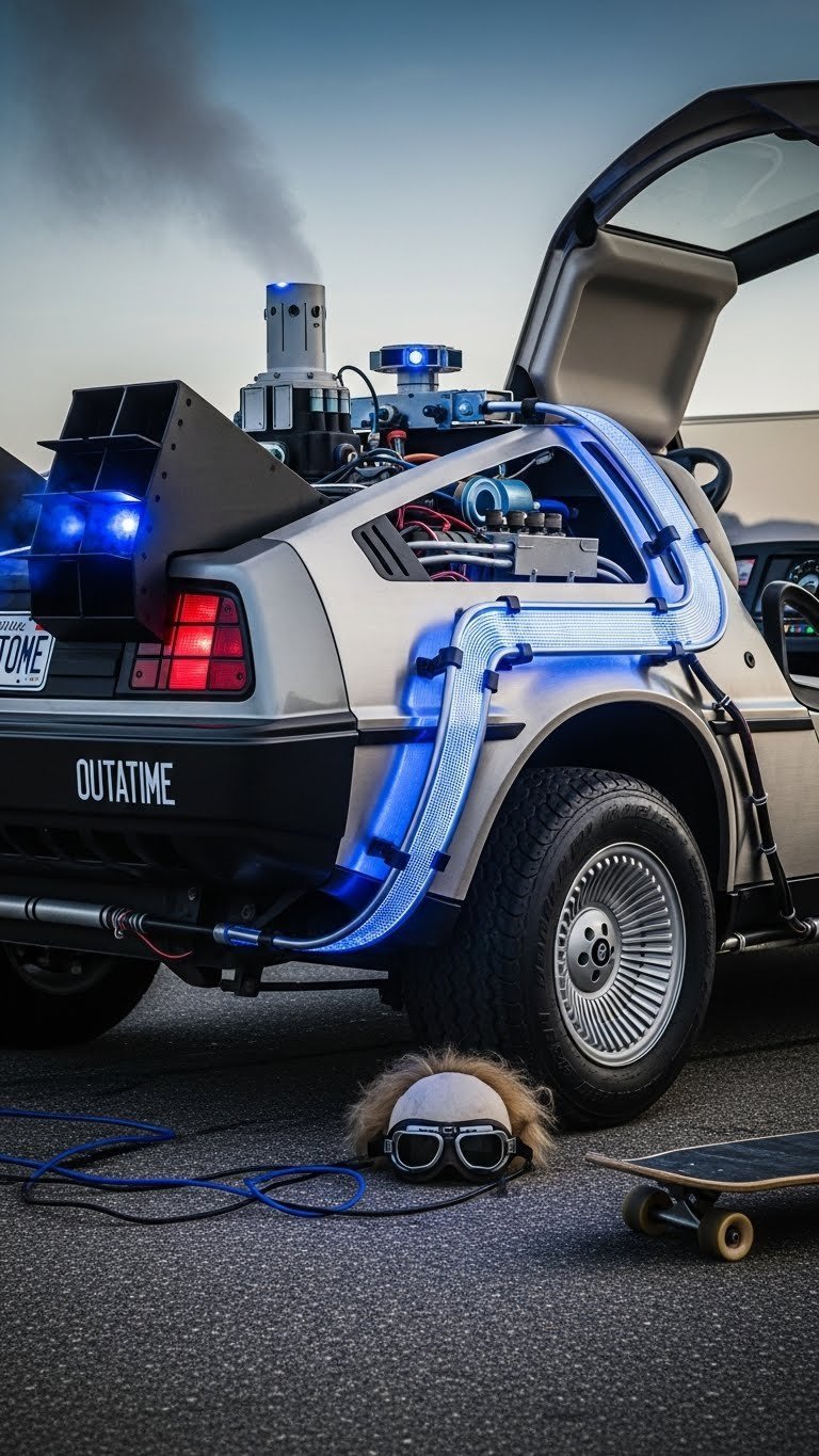 Back To The Future Delorean Golf Cart With Silver Metallic Wrap And Glowing Blue Flux Capacitor Details