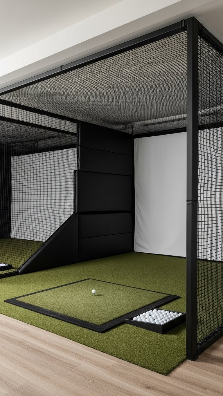 Basement Golf Simulator Room With Protective Netting And Wall Padding For Safety During Golf Swing Practice