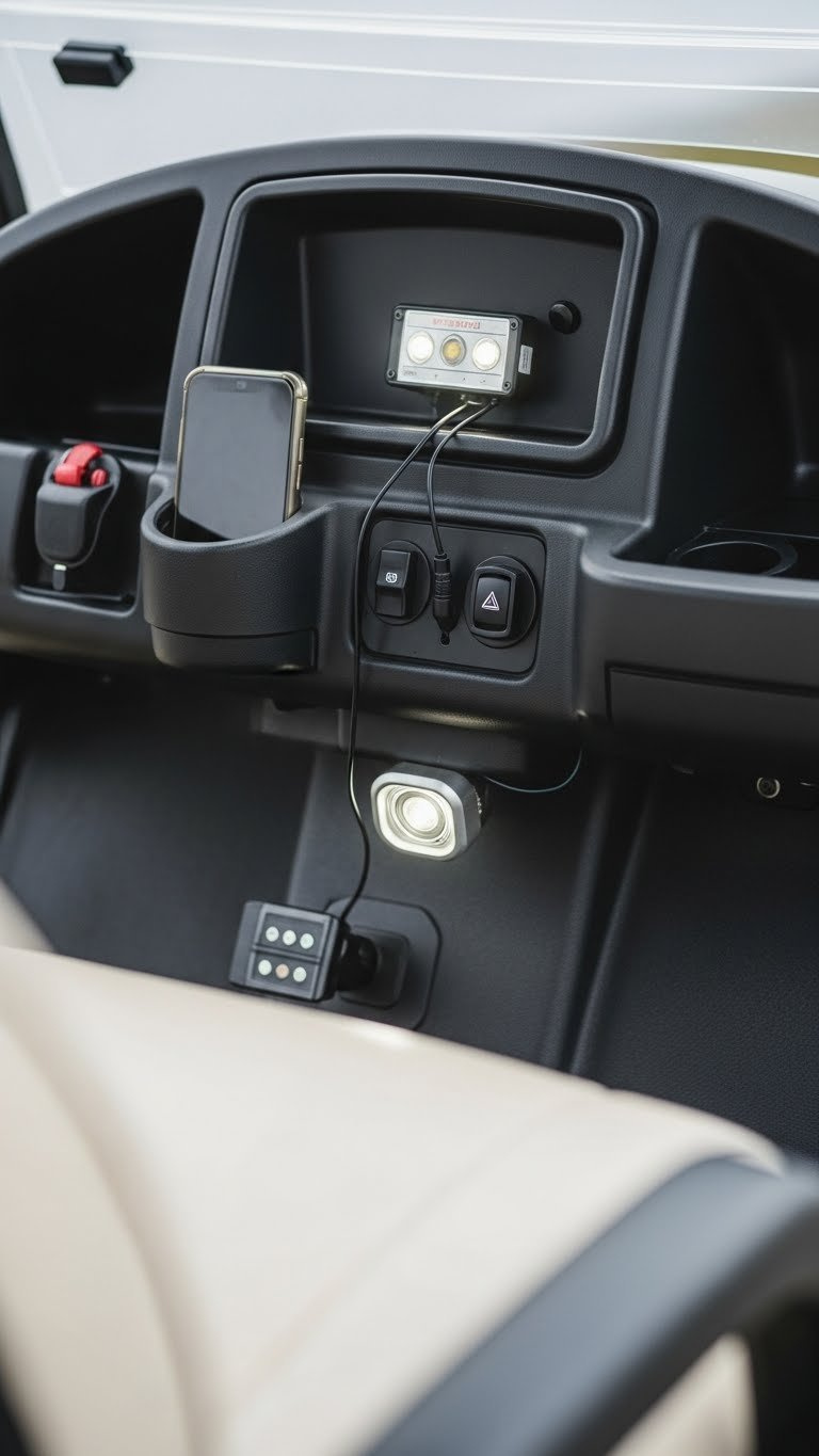 Battery-Powered Led Lights Installed Wirelessly In Golf Cart Interior Showcasing No-Drill Installation During Daytime