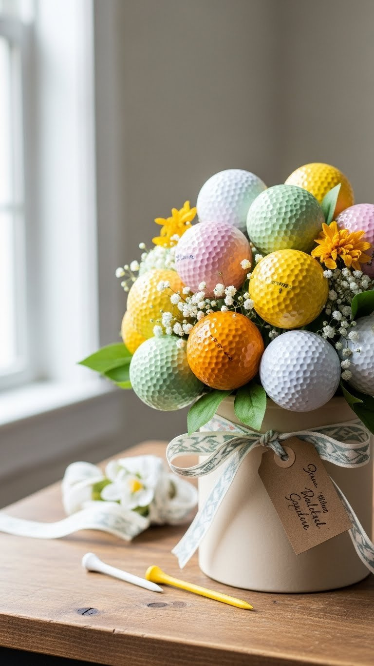 Beautiful Diy Golf Ball Flower Bouquet Arranged In Rustic Wooden Table Setting With Soft Natural Lighting