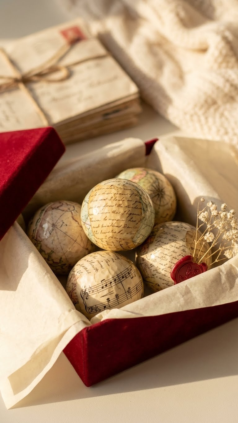 Golf Ball Crafts Valentines: 7 Sweet Diy Gift Ideas Beautifully Decoupaged Golf Balls With Vintage Love Notes And Maps, Delicately Arranged In A Red Velvet Gift Box With Warm Lighting.