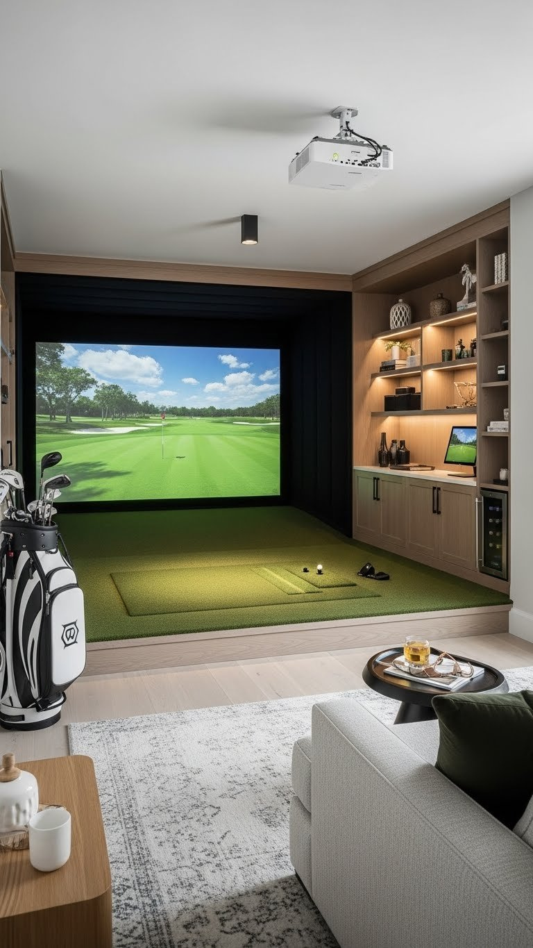 Golf Simulator Room Small Space Complete Setup Guide Beautifully Designed Compact Golf Simulator Room With Smart Storage Solutions And Immersive Lighting