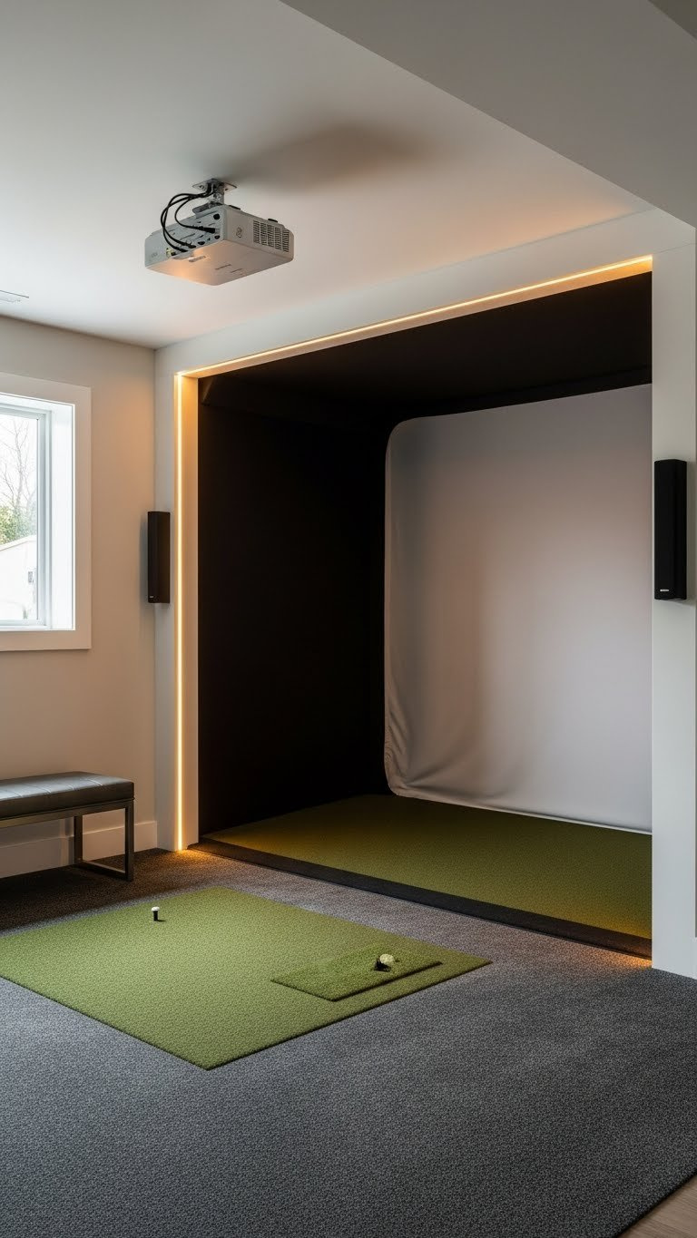 Beautifully Integrated Home Golf Simulator Enclosure With Taut Impact Screen And Ambient Led Lighting In Modern Basement.