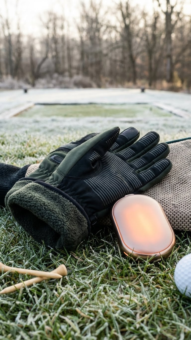 Black And Green Insulated Winter Golf Gloves With Enhanced Grip, Next To A Hand Warmer On Damp Grass.