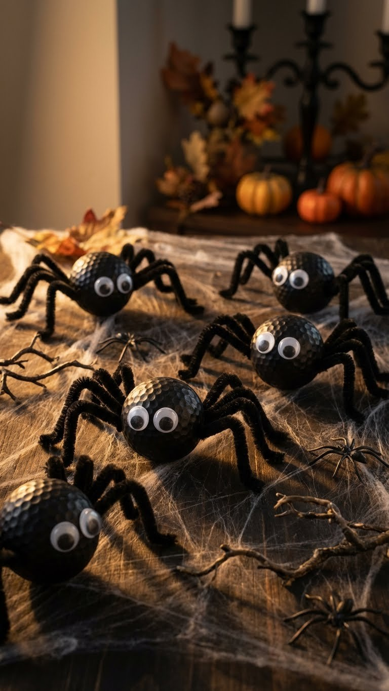 Golf Ball Halloween Crafts: 9 Unique Diy Spooky Decor Ideas Black Golf Ball Spiders With Googly Eyes And Fuzzy Legs On A Stretched Cobweb, Creating Spooky Halloween Decor.