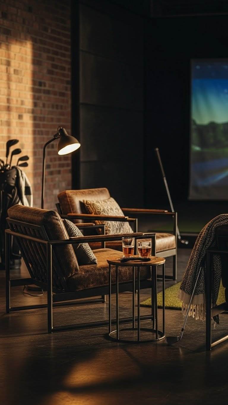 9 Essential Industrial Golf Simulator Room Ideas Black Metal-Framed Lounge Furniture With Dark Cushions In Industrial Golf Simulator Room Corner