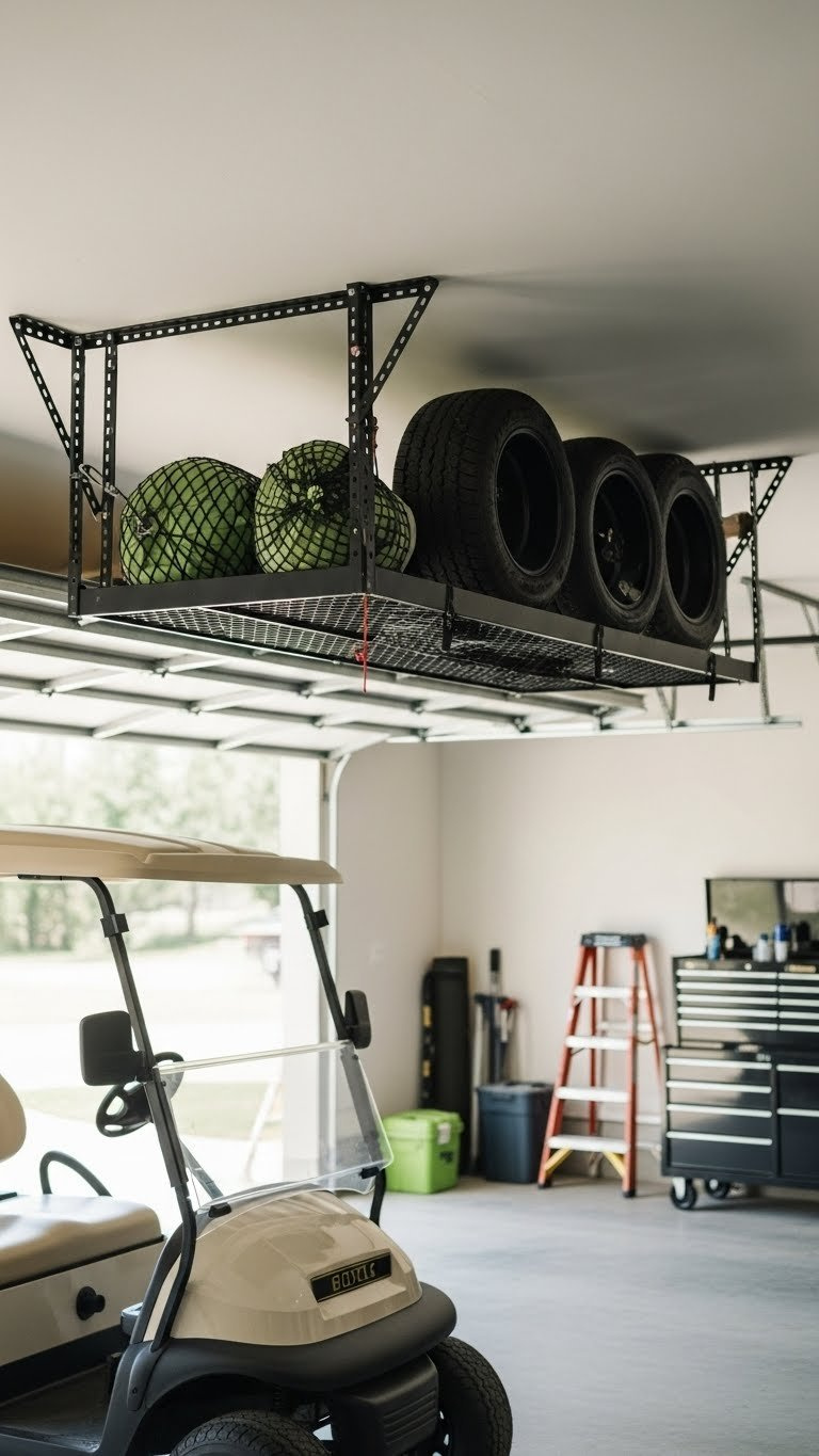 Black Overhead Storage Rack In Garage Ceiling Holding Golf Cart Accessories And Spare Tires