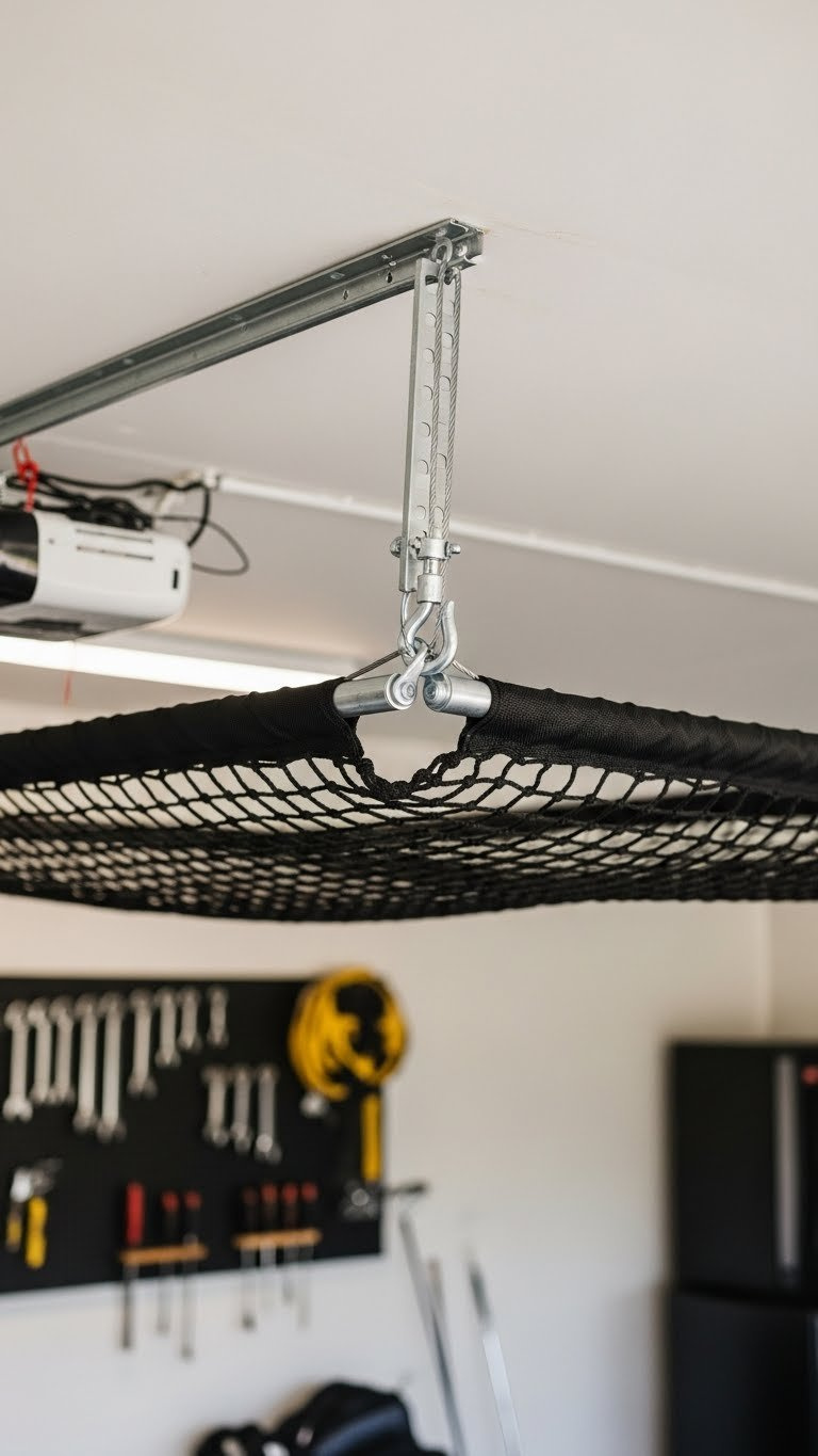 Black Sports Netting Suspended From Garage Ceiling With Mounting Hardware And Led Shop Lighting For Golf Simulator