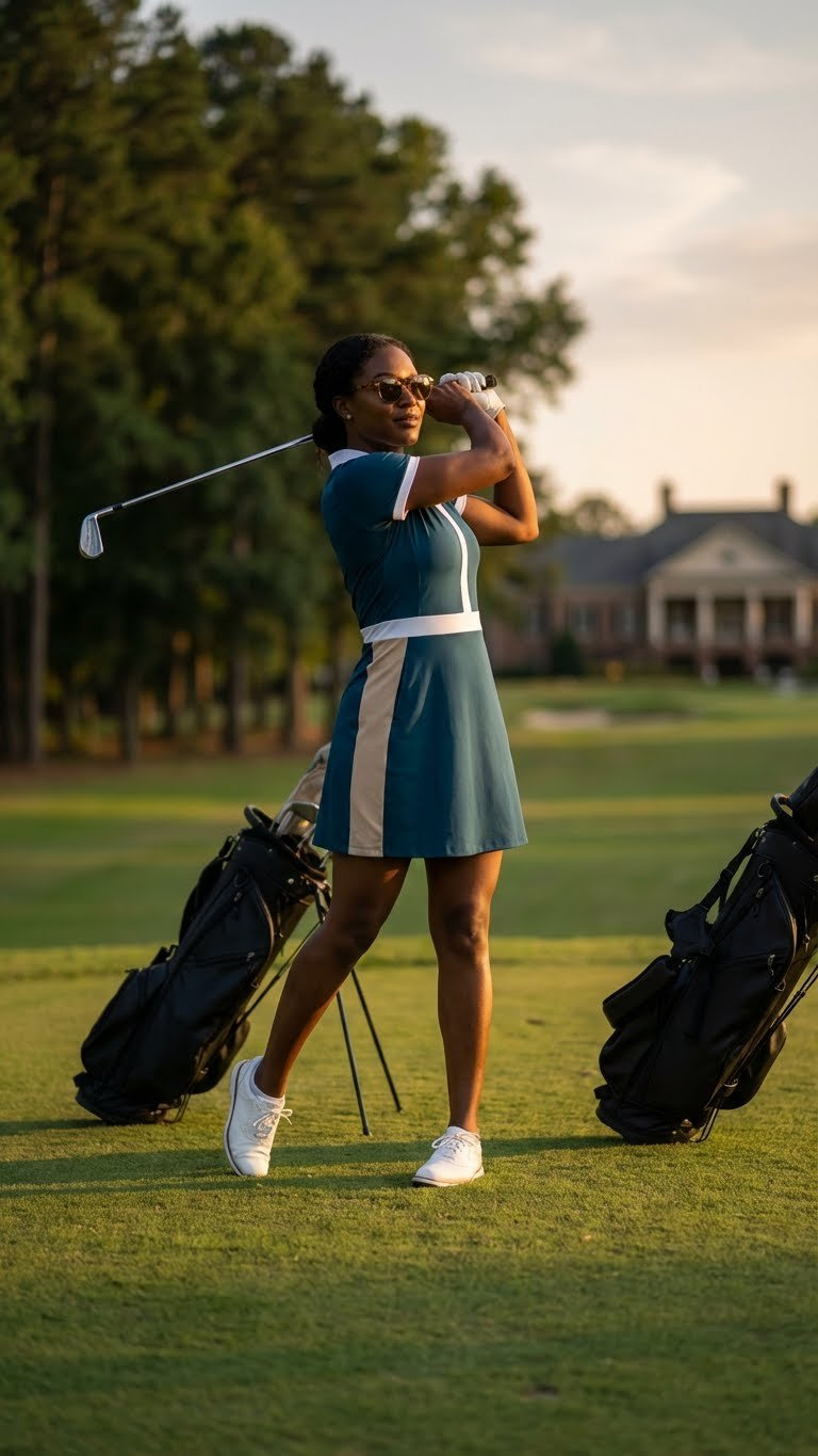 Black Woman In A Figure-Flattering Deep Teal Golf Dress Gracefully Swings A Club On A Sunny Fairway, Showcasing Sophisticated Golf Wear.