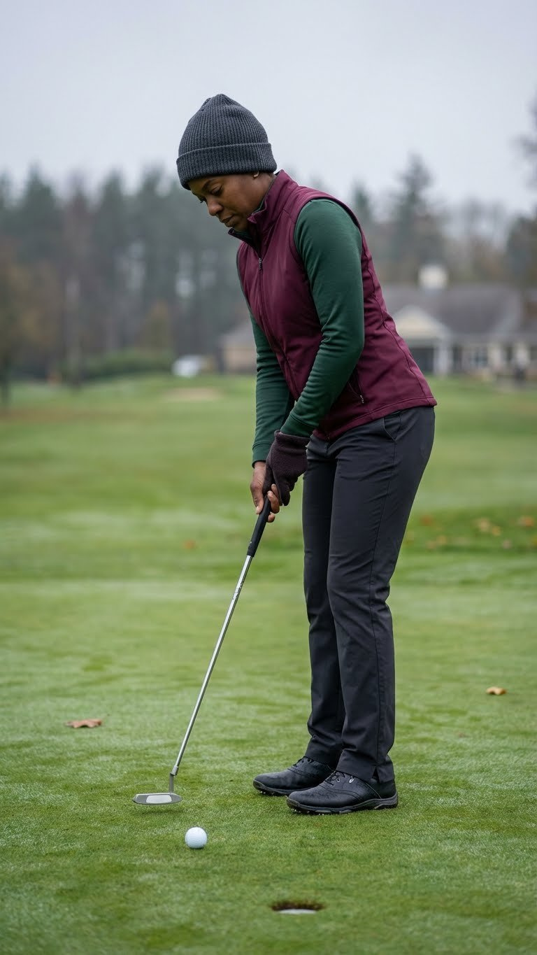 Black Woman In A Stylish Layered Burgundy And Charcoal Golf Outfit Putts On A Green On A Cool, Overcast Day.