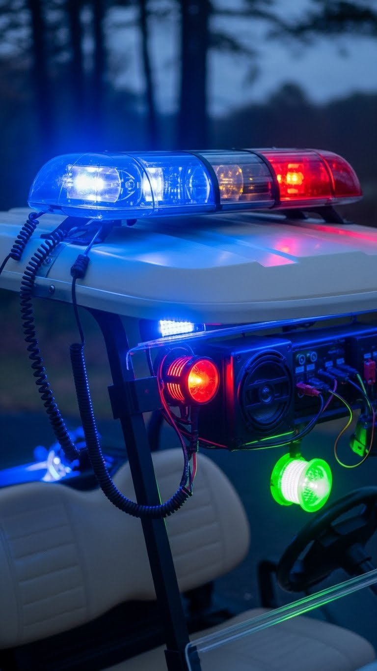 Blue Police Lights And Strobe Effects On Ghostbusters Themed Golf Cart During Dusk With Electrical Wiring Visible