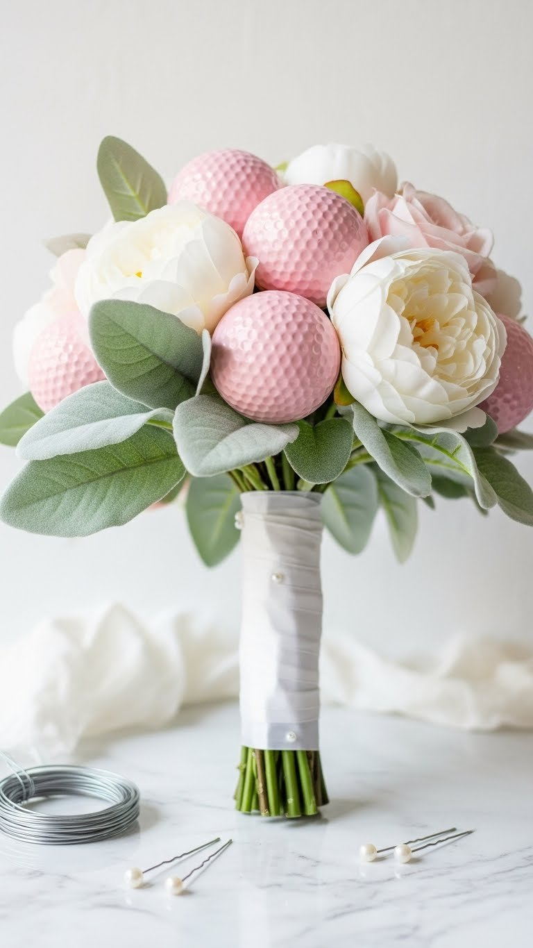 Blush Pink Golf Ball Wedding Bouquet With White Silk Peonies, Lambs' Ear Foliage, And White Satin Ribbon Handle On Marble.