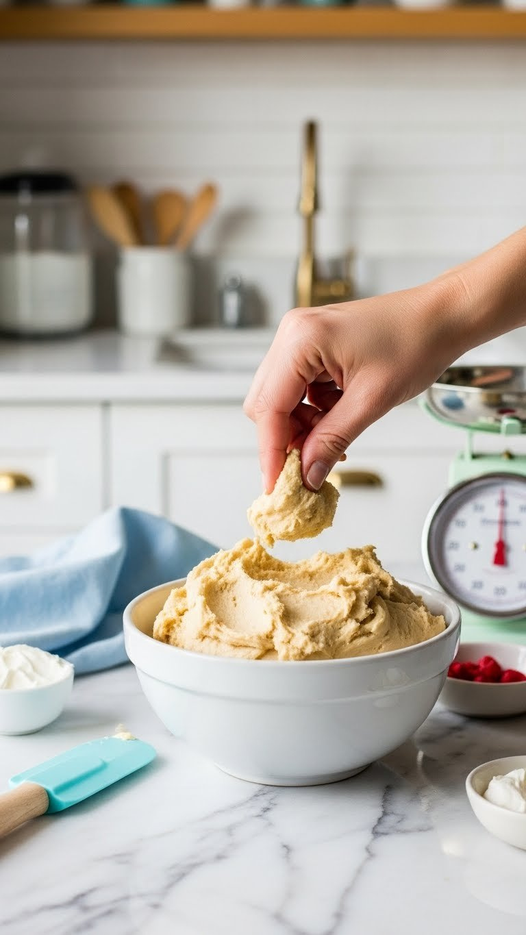 Bowl Of Smooth Cake Pop Dough Being Pressed By Hand With Baking Tools On Marble Surface