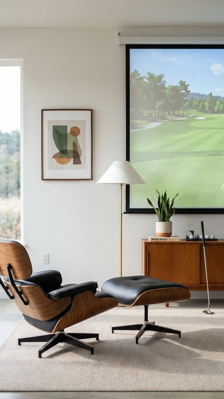 Bright Mid-Century Modern Golf Simulator Room Featuring An Eames Chair, Teak Credenza, And Crisp Virtual Golf Screen.