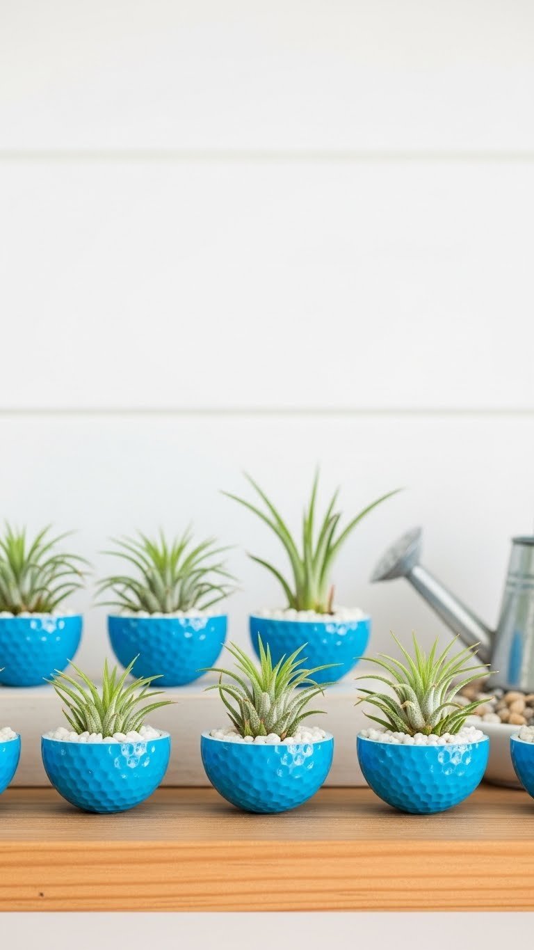 Bright Blue Golf Ball Succulent Planters With Vibrant Green Succulents On A Light Wooden Shelf. Unique Golf Home Decor.