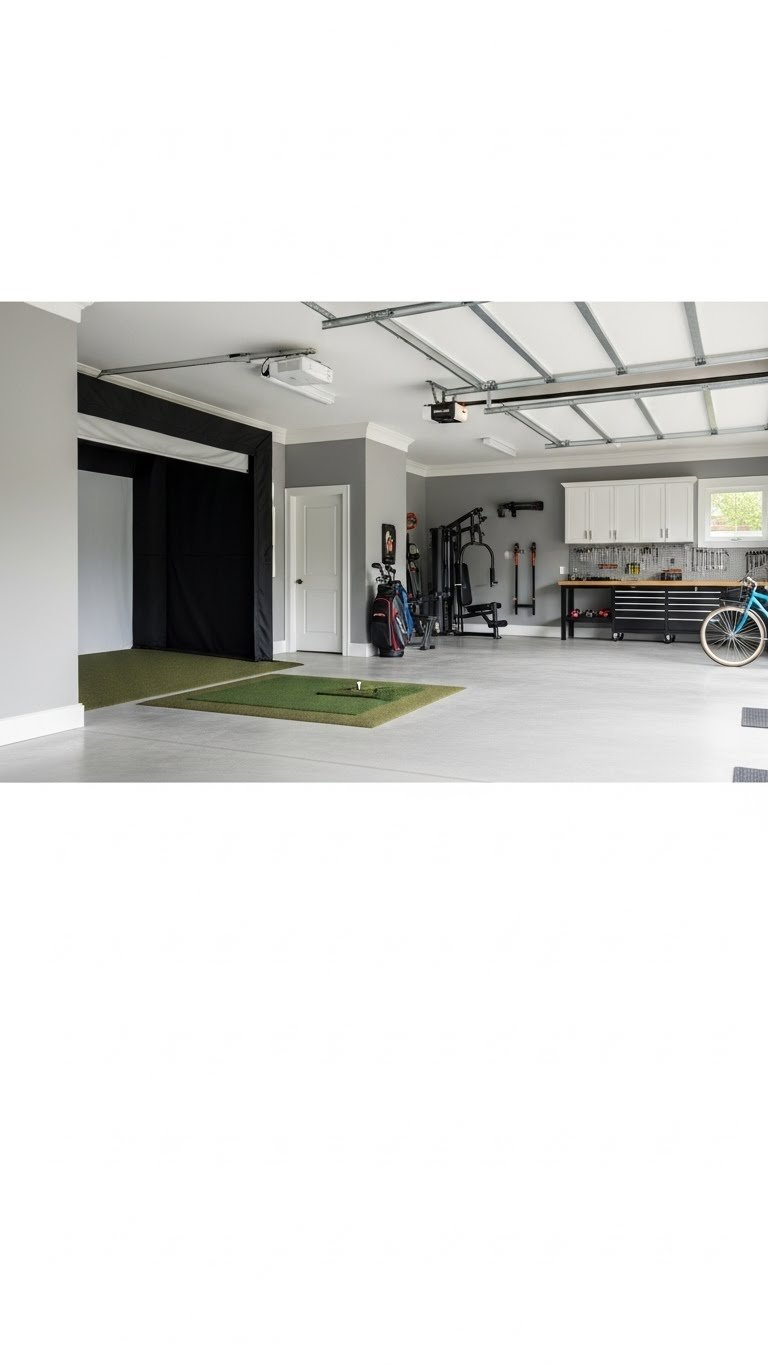 Bright Multi-Purpose Garage Golf Simulator With Gray Walls, Retractable Screen, Workshop Bench, And Bicycle Storage