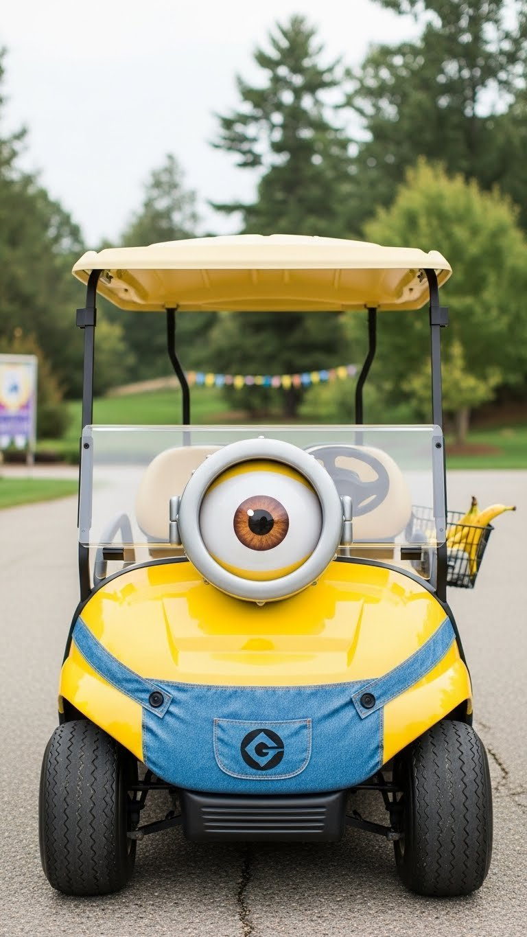 Bright Yellow Minion-Themed Golf Cart Front With Oversized Silver Goggles And Friendly Single Eye On Paved Driveway With Blurred Green Lawn Background