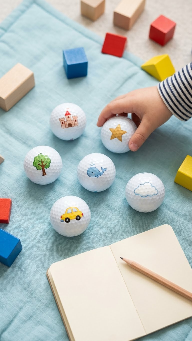13 Golf Ball Crafts For Kids: Simple Diy Art &Amp; Play Brightly Illustrated Golf Ball Story Starters With Unique Symbols Are Playfully Arranged On A Soft Mat With Building Blocks.