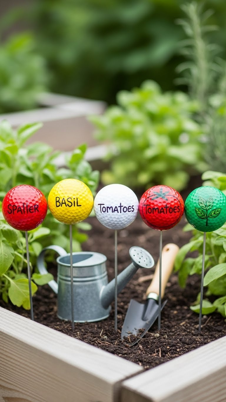 Brightly Painted Golf Ball Garden Markers On Metal Stakes In Thriving Herb Garden With Soft Foliage Background