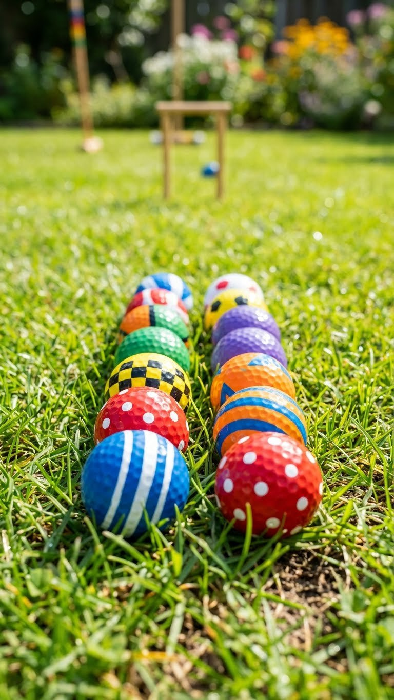 13 Golf Ball Crafts For Kids: Simple Diy Art &Amp; Play Brightly Patterned Golf Ball Game Markers, Like Stripes And Polka Dots, Are Neatly Arranged On A Green Grass Lawn For Outdoor Play.