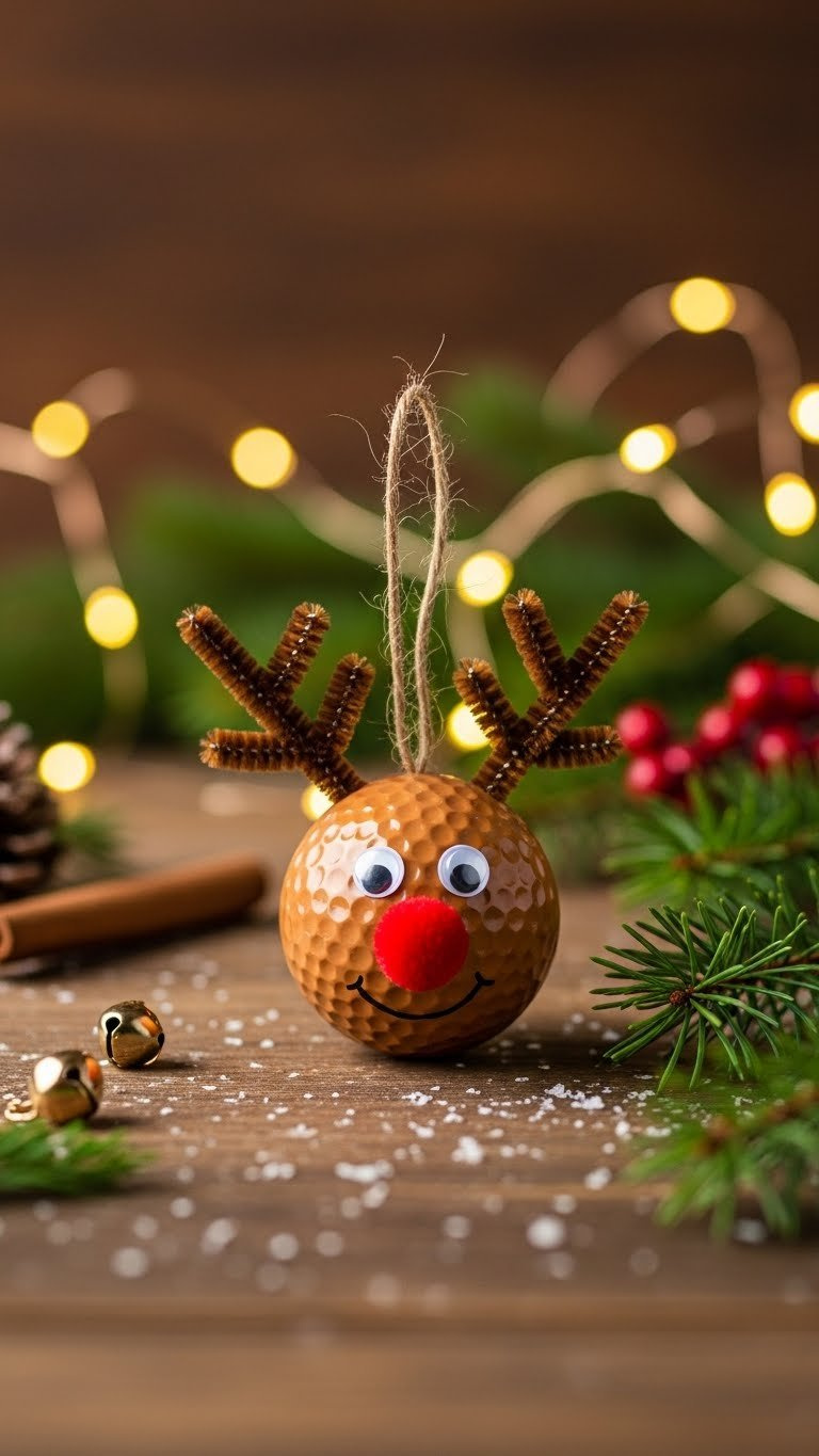 Brown Golf Ball Reindeer Ornament With Pipe Cleaner Antlers And Red Pom-Pom Nose Hanging From Twine