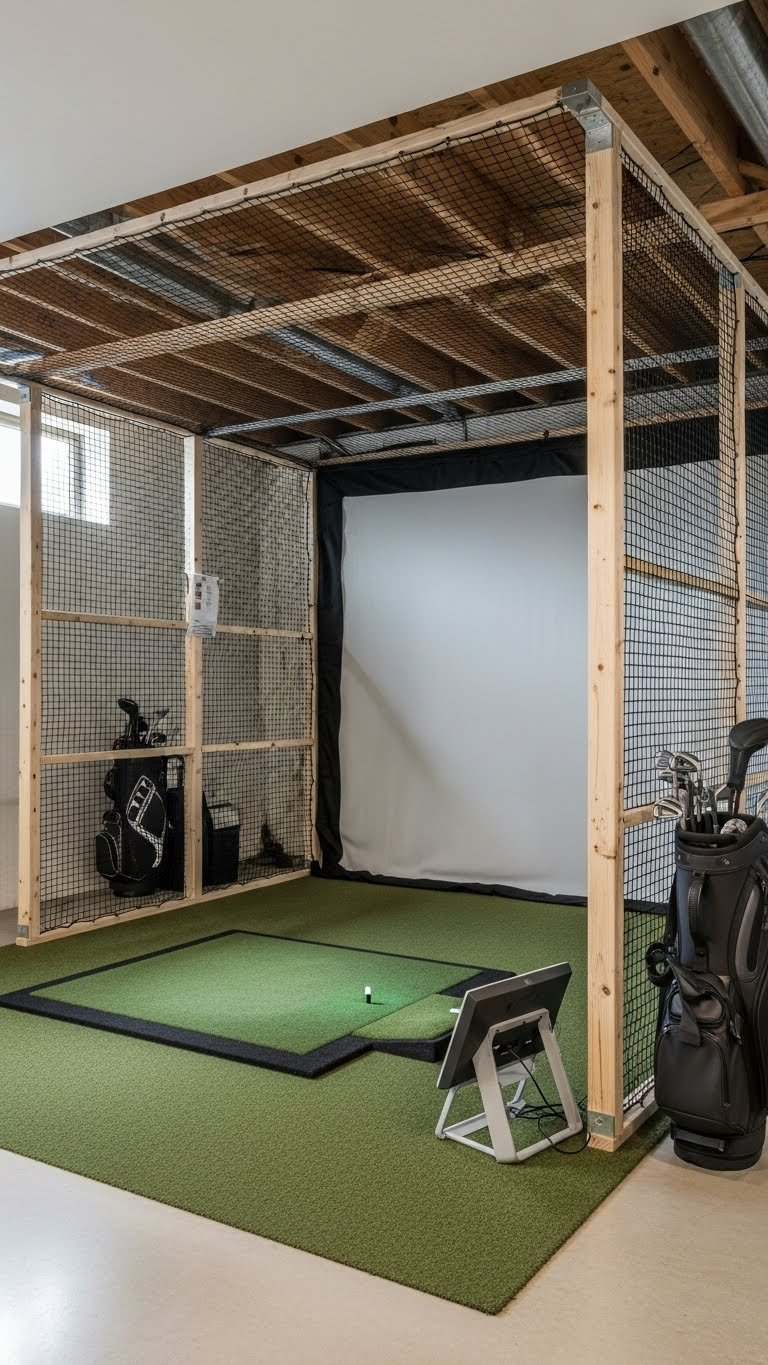 Budget-Friendly Diy Golf Simulator Enclosure With Emt Conduit Framing And Impact Screen In Low-Ceiling Basement