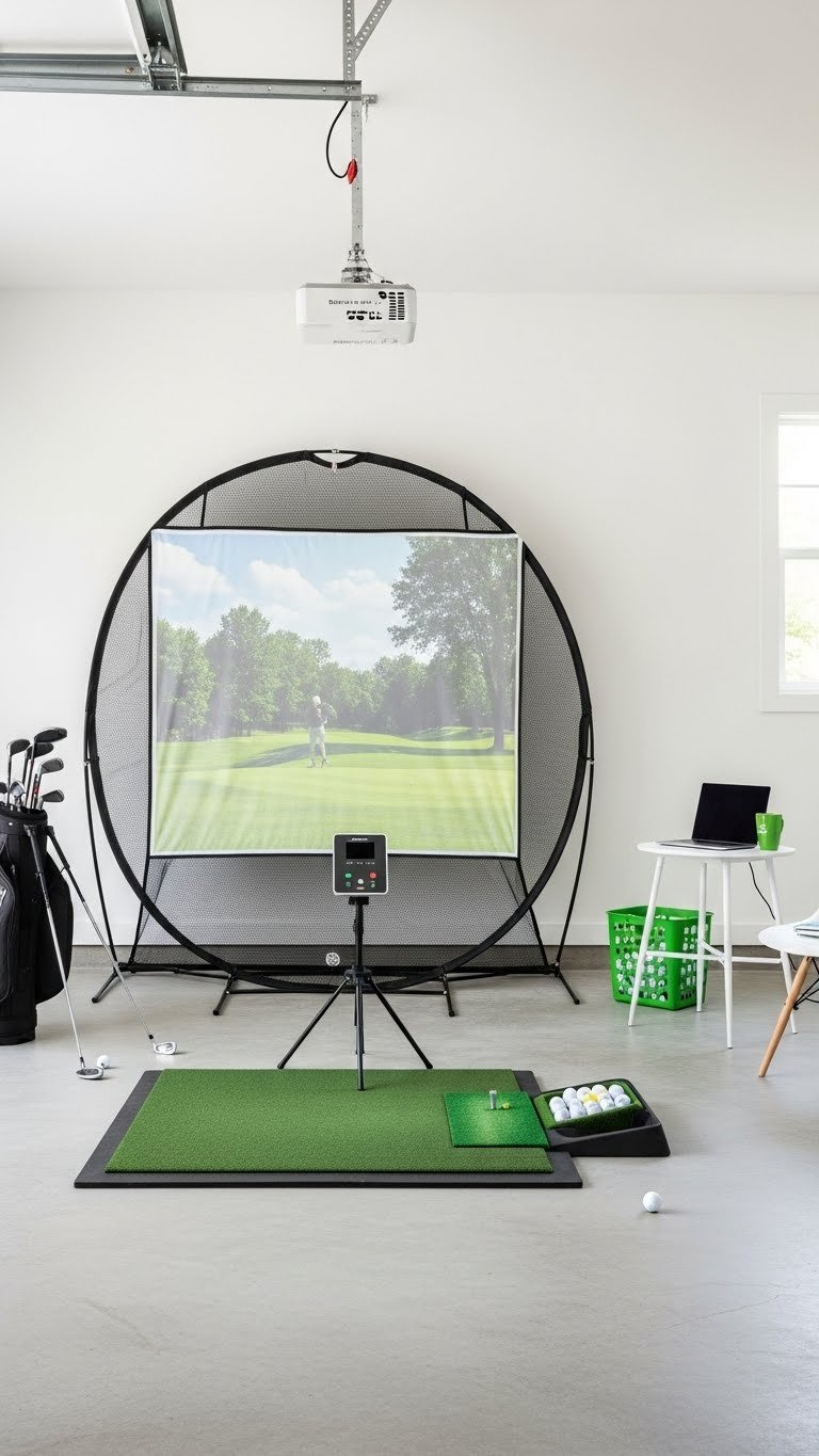 Budget-Friendly Diy Golf Simulator Setup With Portable Launch Monitor, Simple Hitting Mat, And Clean Minimalist Workspace