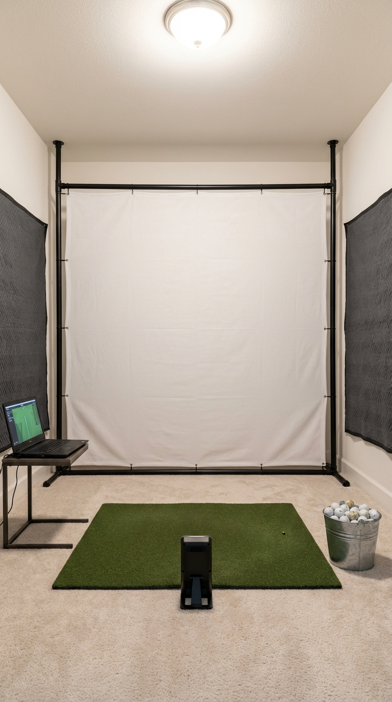 Golf Simulator Room Layout Guide For Perfect Space Planning Budget-Friendly Diy Golf Simulator With Pvc Pipe Frame And Simple Hitting Mat In Practical Spare Room Setup