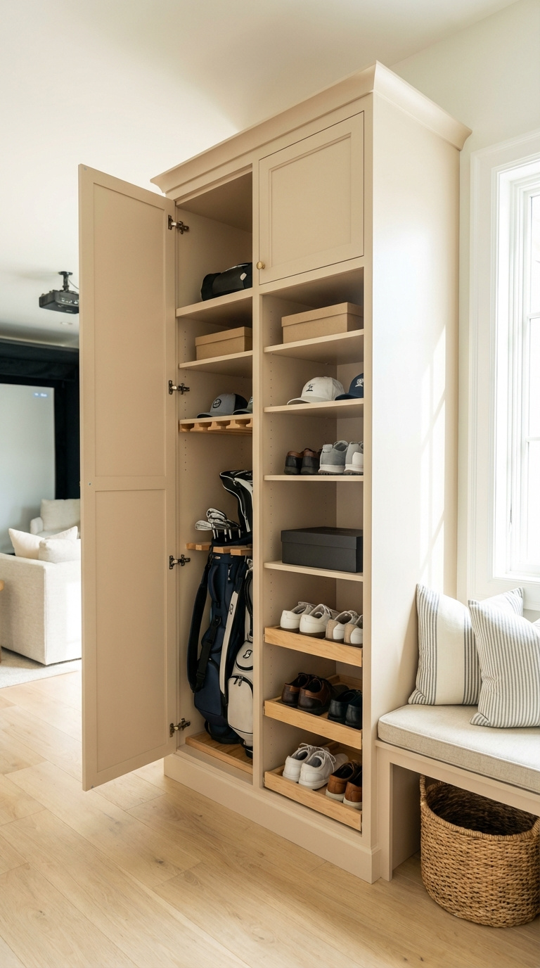 Built-In Storage Cabinet With Organized Golf Bag Holders And Accessories In Soft Sandy Beige Coastal Room