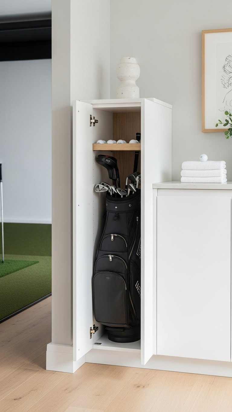 Built-In Storage Solutions In Golf Simulator Room With Floating Shelves Concealing Golf Clubs And Accessories In Minimalist Cabinetry.
