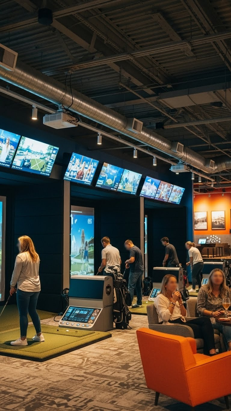 7 Expert Commercial Golf Simulator Room Designs Bustling Multi-Bay Commercial Golf Simulator Venue With Vibrant Screens, People Interacting, Modern Bar, Communal Seating, And Energetic Lighting.