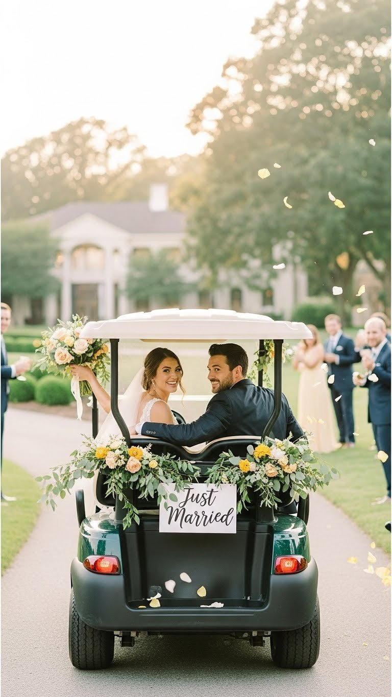 Candid Joyful Bride And Groom In Decorated Golf Cart During Grand Exit Surrounded By Wedding Venue Landscape