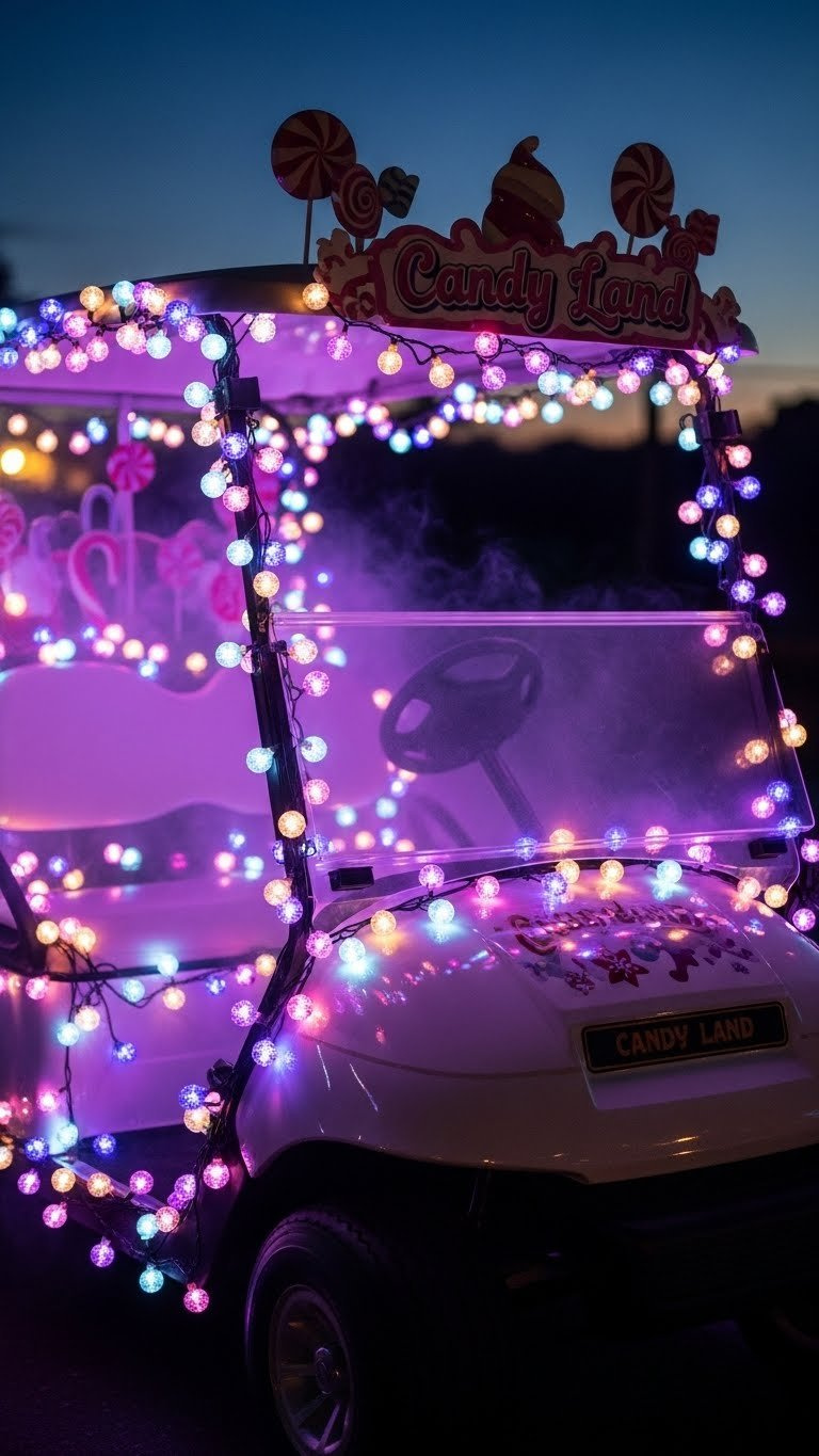 Candy Land Golf Cart: 11 Stunning Ideas To Win Any Parade Candy Land Golf Cart Illuminated With Purple Pink And Blue Fairy Lights Creating Magical Glow