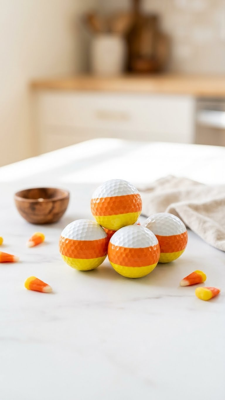 Golf Ball Halloween Crafts: 9 Unique Diy Spooky Decor Ideas Candy Corn Striped Golf Balls In A Pile On A White Marble Surface With Scattered Real Candy Corn.
