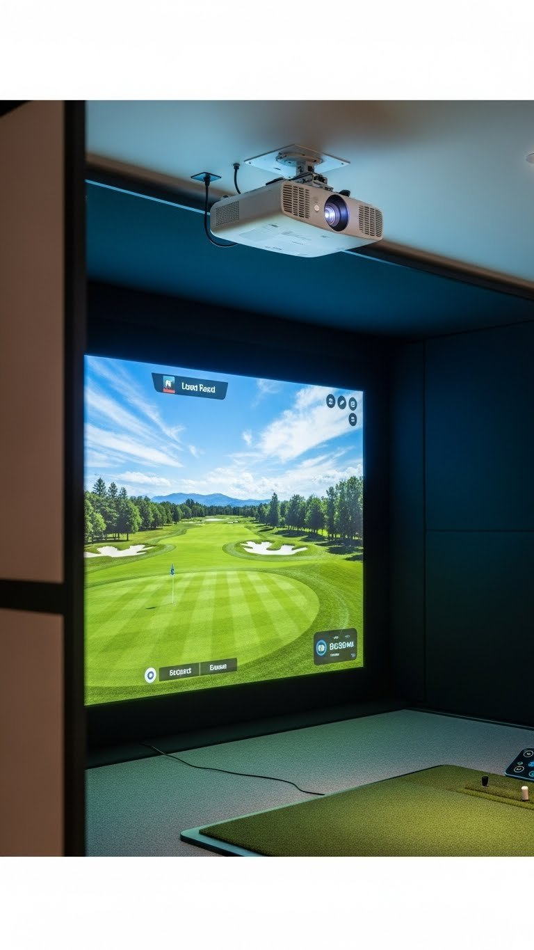 Ceiling-Mounted Budget Golf Projector Vividly Displaying A Virtual Golf Course Onto An Impact Screen Within A Home Golf Simulator.