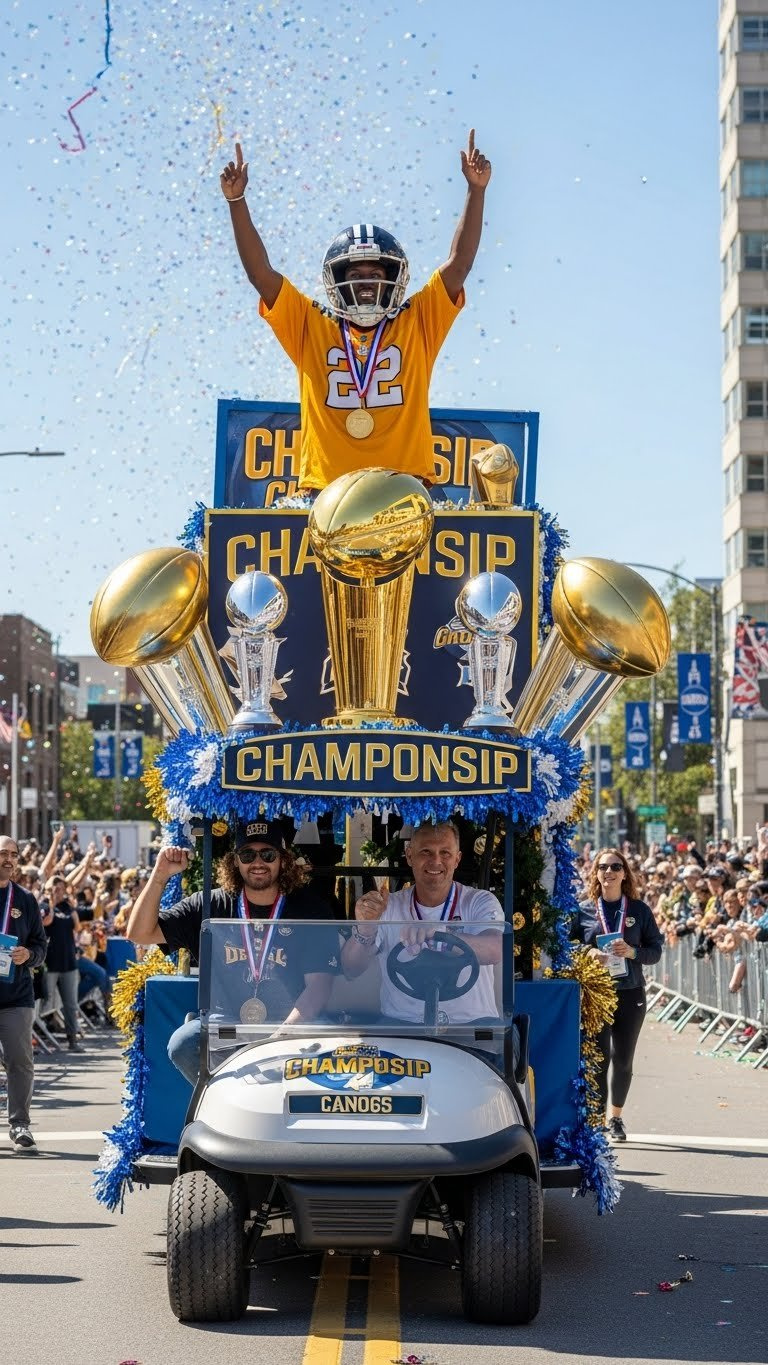 Championship Float Golf Cart With Trophy Replicas And Banners During Victory Parade With Cheering Crowd