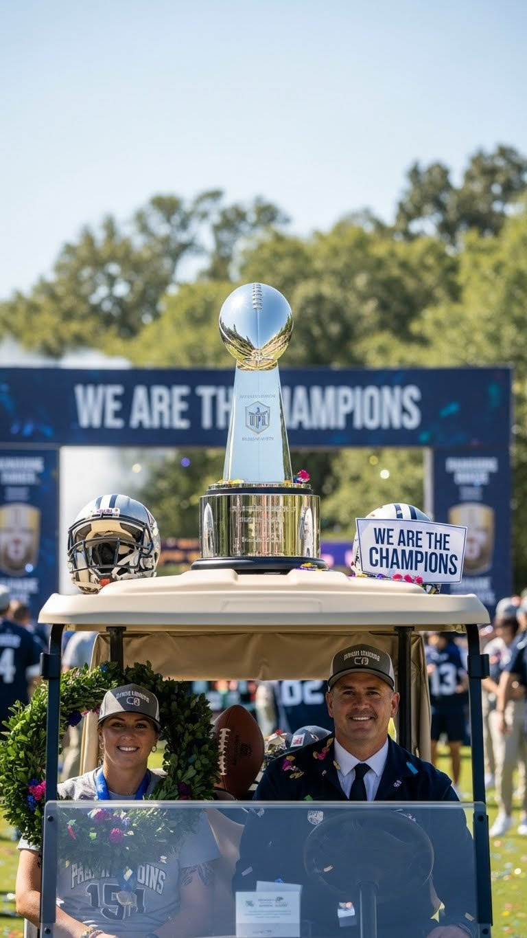 Championship Trophy Display On Golf Cart Bed With Gleaming Replica Trophy, Confetti, And Celebratory Stadium Background Elements.