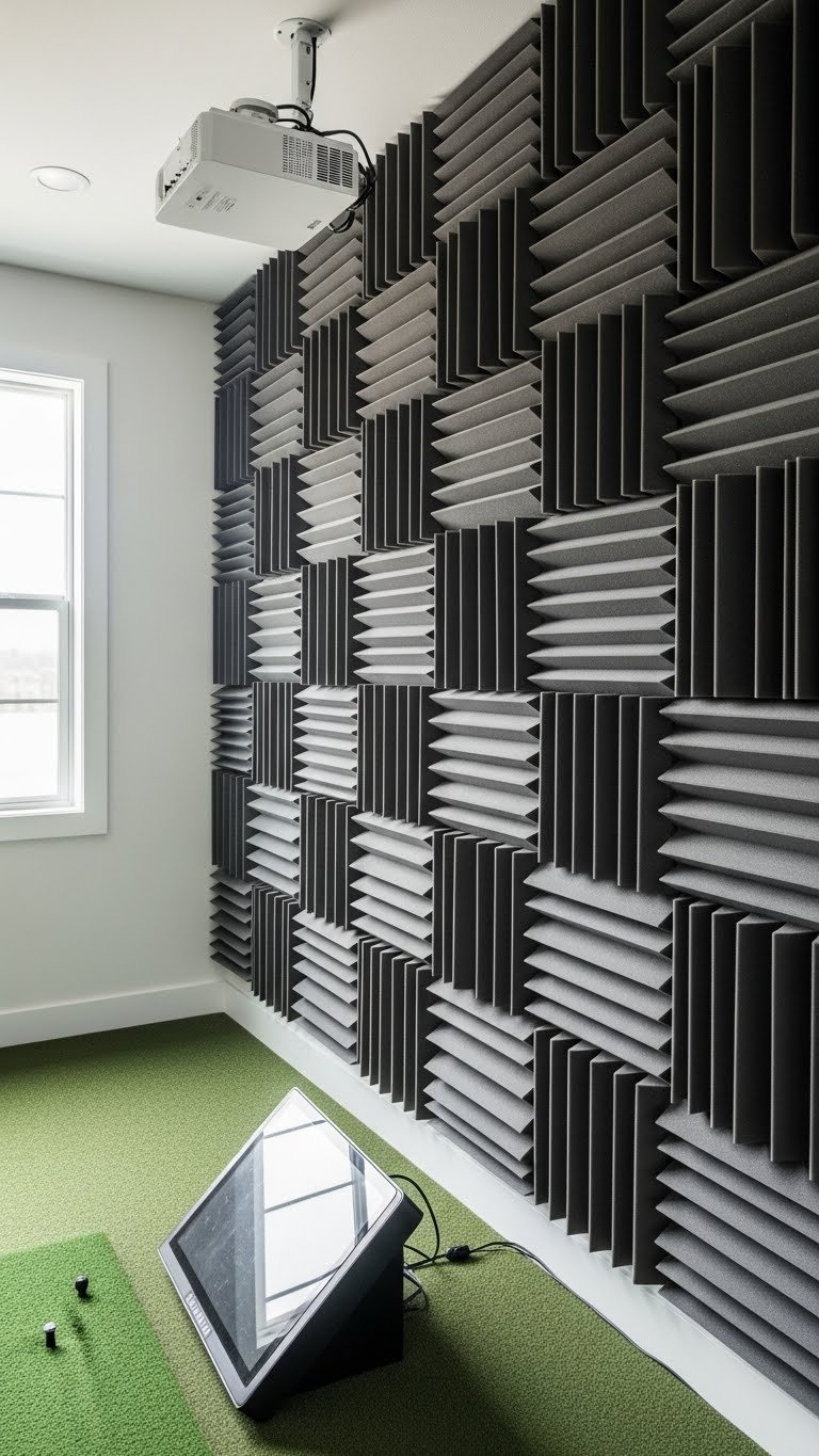 Charcoal Gray Acoustic Foam Panels On Golf Simulator Room Wall With Wedge-Style Tiles And Green Hitting Mat