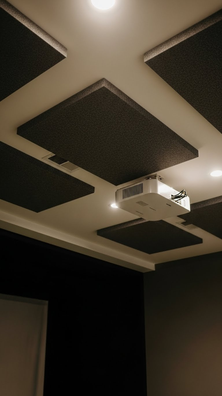 Charcoal Gray Acoustic Panels Professionally Installed On Golf Simulator Ceiling With Recessed Lighting And Air Gap