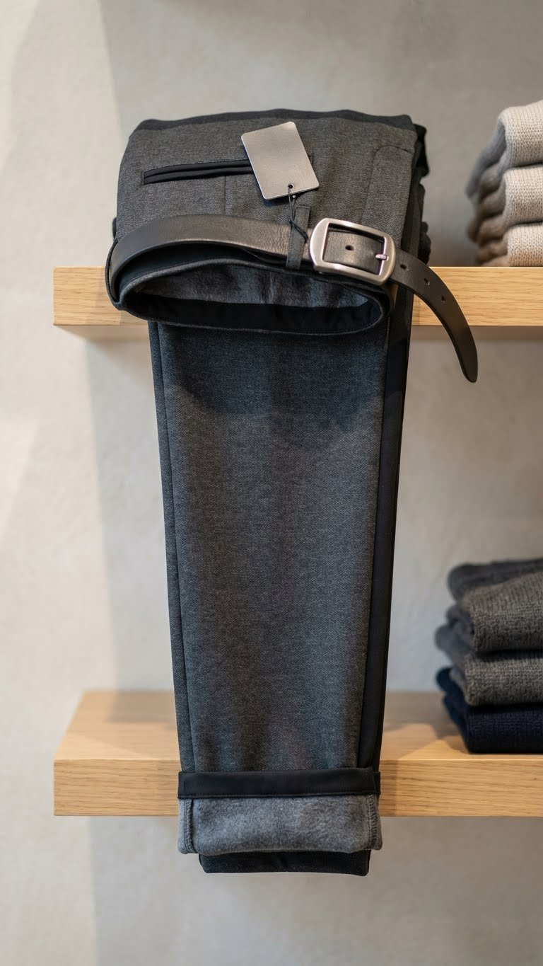 Charcoal Gray Athletic Fit Men'S Thermal Golf Trousers, Fleece-Lined, Displayed On A Shelf, Showcasing Tailored Fit.