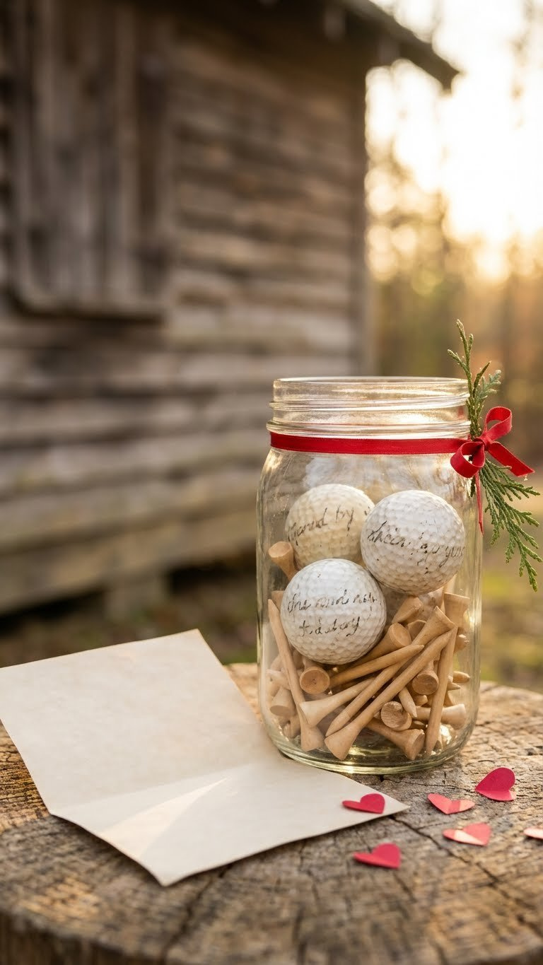 Golf Ball Crafts Valentines: 7 Sweet Diy Gift Ideas Charming 'I Love You To The Green And Back' Golf Ball Display With Tees And Hearts In A Rustic Wooden Box, Bathed In Warm Light.