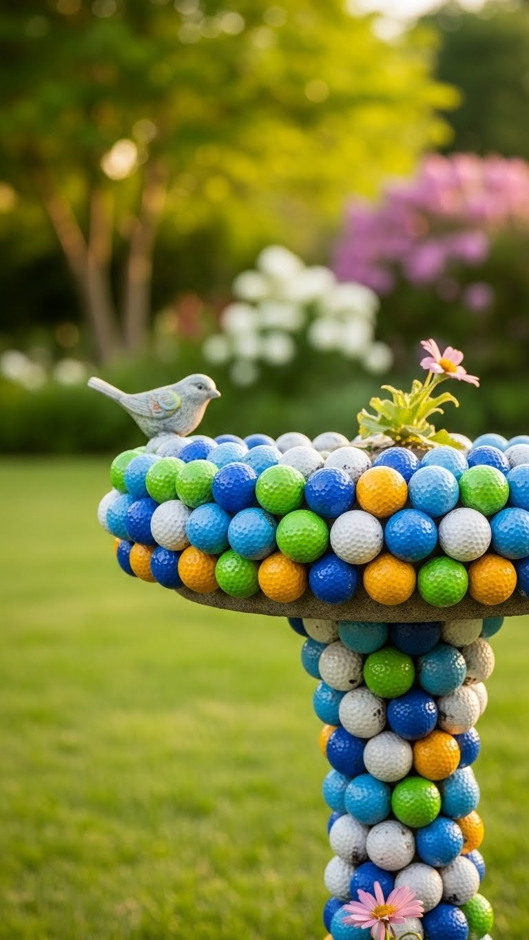 Charming Birdbath Embellished With Colorful Golf Ball Accents Creating Mosaic Pattern In Garden Setting.