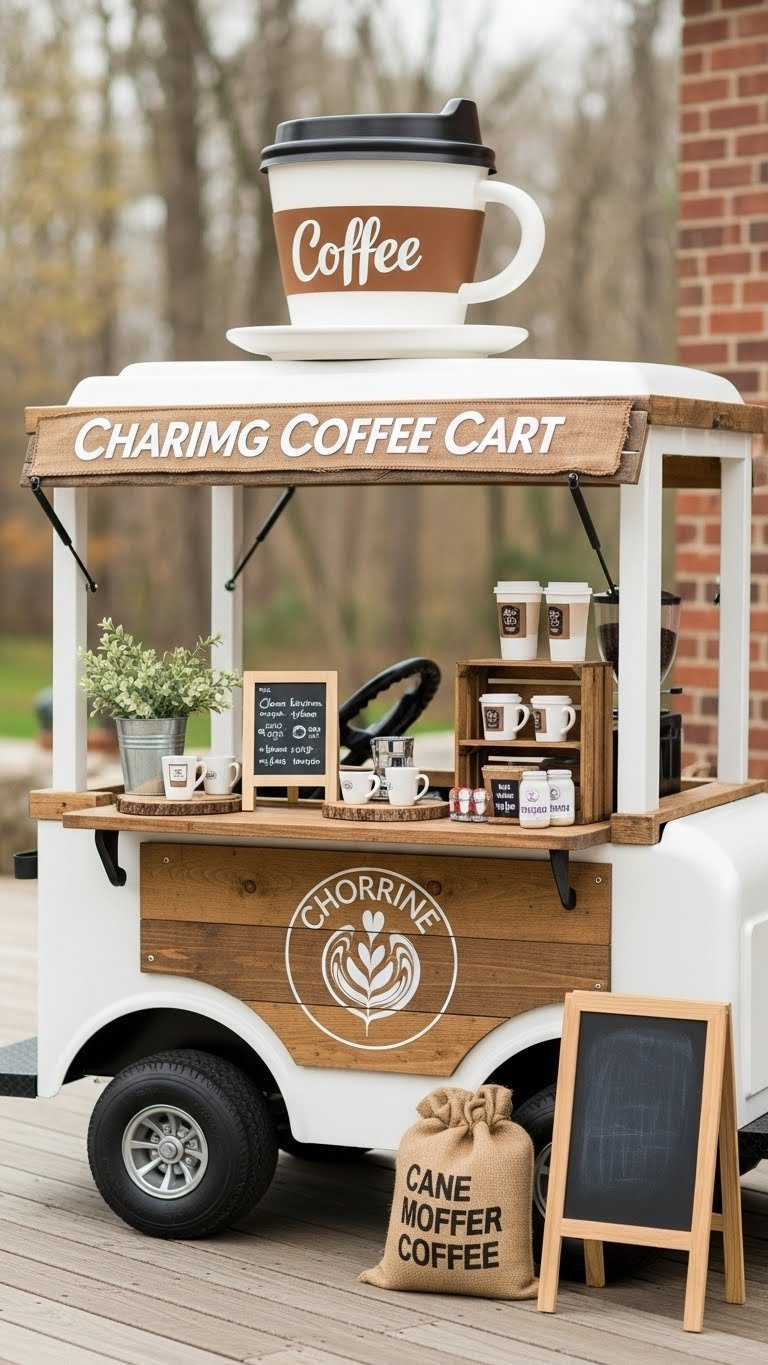 Charming Coffee Cart Golf Cart With Oversized Faux Cup And Rustic Wooden Facade Featuring Miniature Coffee Props