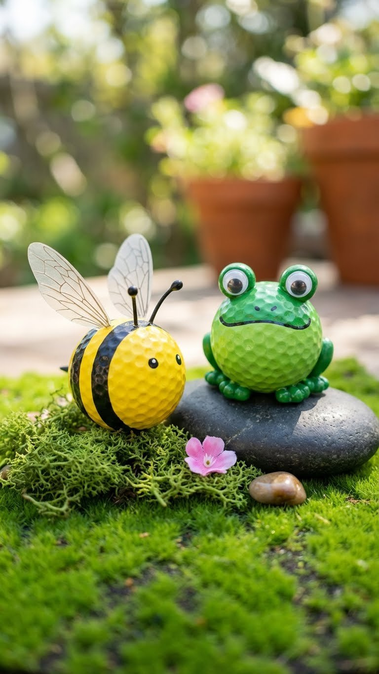 Charming Golf Ball Animals, A Yellow Bee And Green Frog With Googly Eyes, Arranged Playfully On Soft Green Moss.