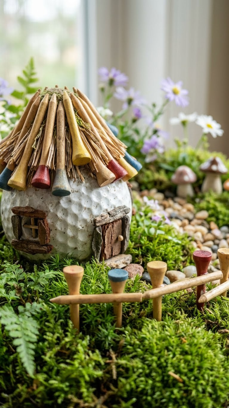 Charming Golf Ball Fairy House With Golf Tee Roof Shingles Nestled Among Moss In A Whimsical Miniature Garden.